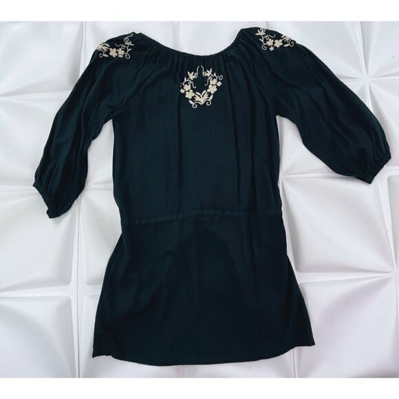 Lucky Brand Sz XS Black Floral Embroidered Tassel Drawstring Tunic Dress Peasant - Picture 7 of 11